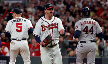 The Braves' Will Smith celebrates the team's 3-2 win against the Astros in Game 4.