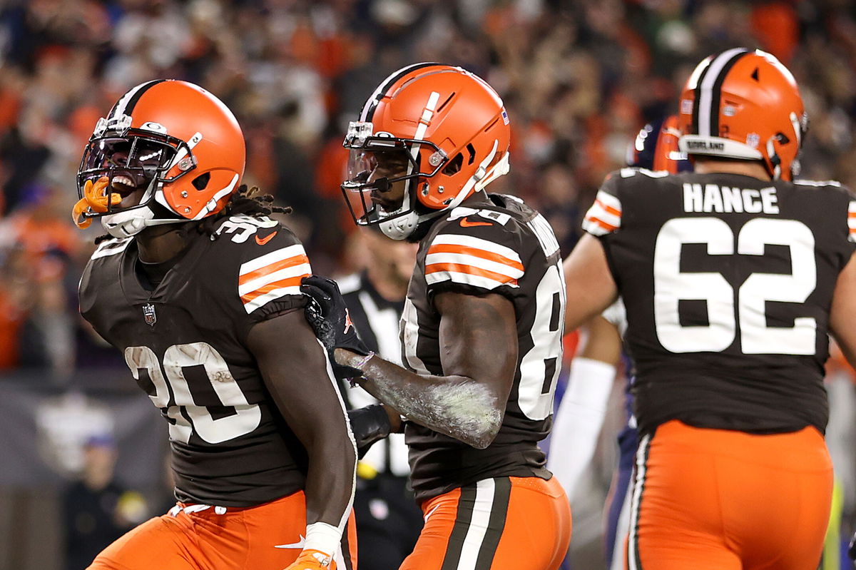 <i>Gregory Shamus/Getty Images</i><br/>D'Ernest Johnson celebrates with wide receiver Rashard Higgins after rushing for a first-quarter touchdown against the Denver Broncos.