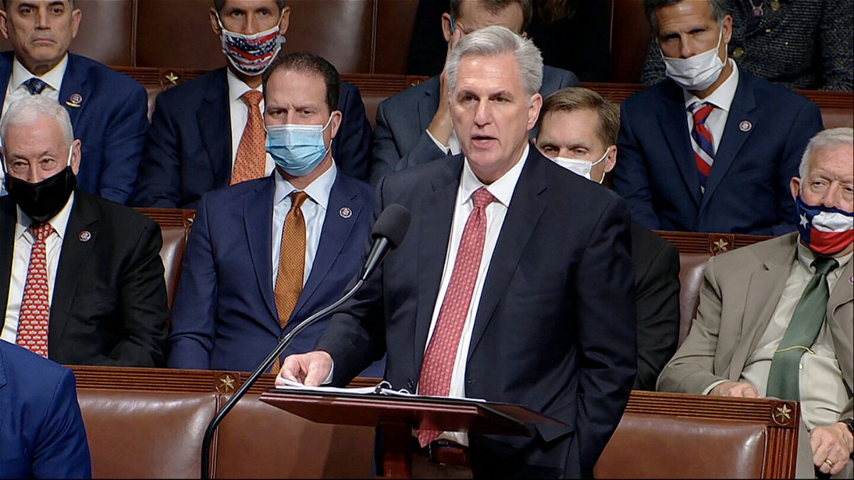 <i>House Television/AP</i><br/>House Minority Leader Kevin McCarthy speaks on the House floor during debate on the Democrats' expansive social and environment bill at the US Capitol on November 18.