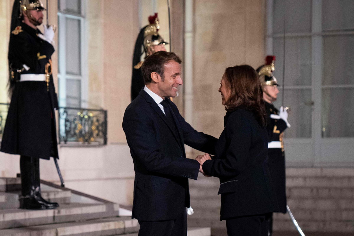 <i>LUDOVIC MARIN/AFP/POOL/Getty Images</i><br/>Vice President Kamala Harris (right) said she did not discuss with French President Emmanuel Macron the nuclear submarine deal between the US and Australia
