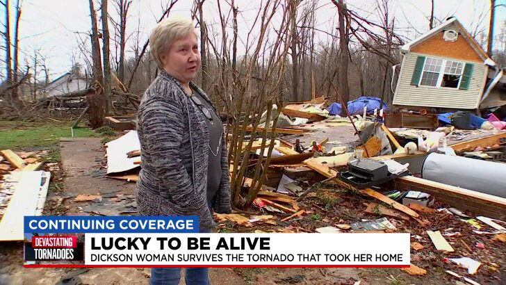 <i>WSMV</i><br/>Kimberley Watson in Dickson County said she rode out the storm as a tornado battered her home.