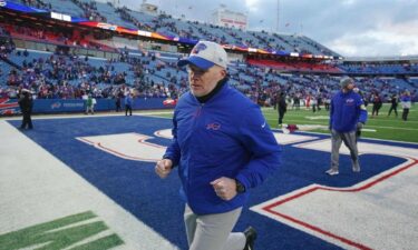 Buffalo Bills head coach Sean McDermott runs off the field after the Bills 31-14 win over the Carolina Panthers at Highmark Stadium in Orchard Park