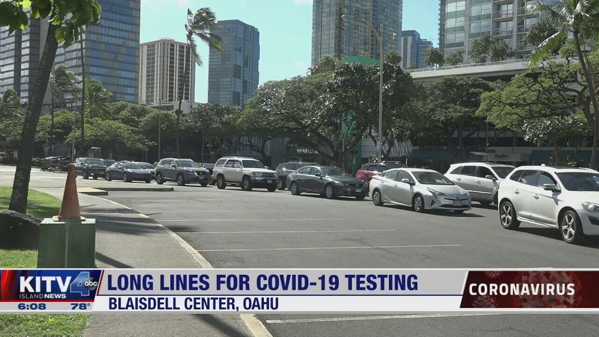 <i>KITV</i><br/>The line for Covid-19 testing at the Blaisdell Center on Oahu wrapped around several blocks.