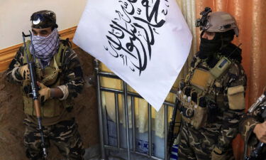 The United States and other countries are 'deeply concerned by reports of summary killings' in Afghanistan. Pictured are Taliban fighters standing guard next to a Taliban flag in Kabul on November 25.