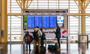 A family looks at flight information at Reagan National Airport in Arlington