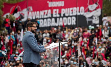 Chilean presidential candidate Gabriel Boric speaks to supporters during a political rally in Santiago