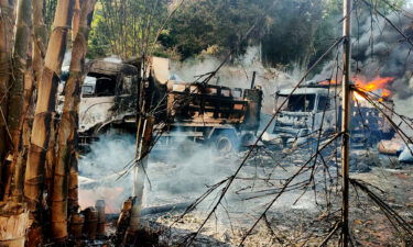 A photo provided by the Karenni Nationalities Defense Force (KNDF) shows smoke and flames in Hpruso township