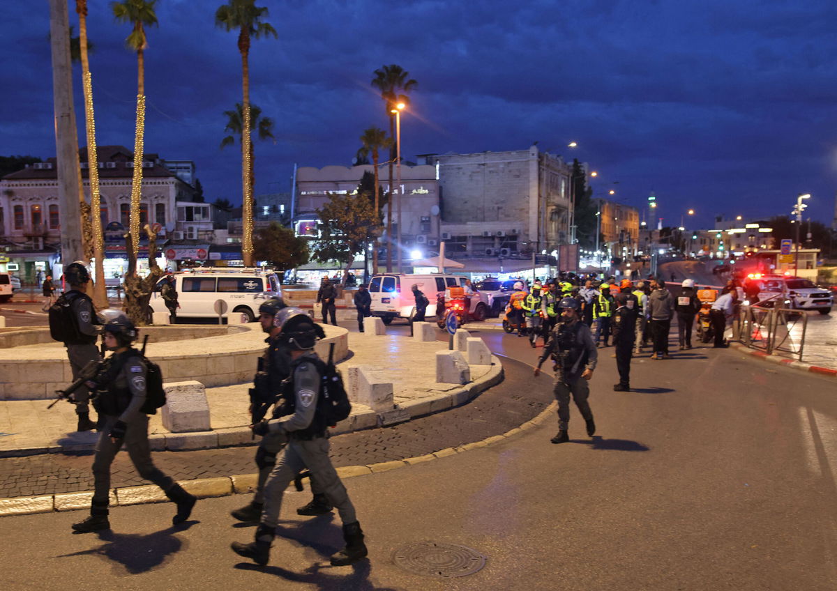 <i>Ahmad Gharabli/AFP/Getty Images</i><br/>Israeli forces gather outside Damascus Gate in Jerusalem's Old City after a Palestinian suspected of carrying out a knife attack was killed by policemen on December 4.