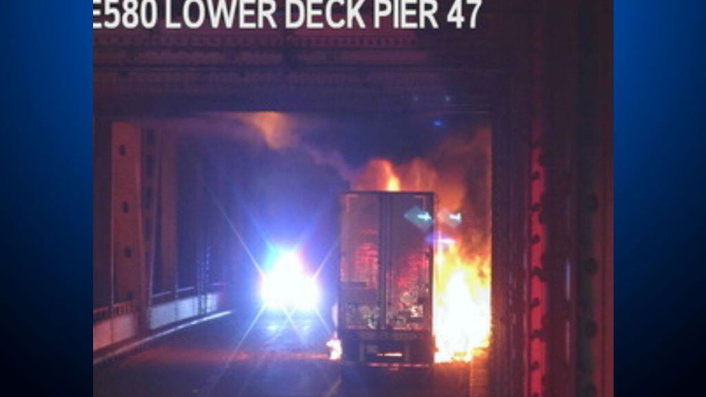 <i>Caltrans/KPIX</i><br/>Scene of fatal crash and fire on the eastbound direction of the Richmond-San Rafael Bridge on January 26