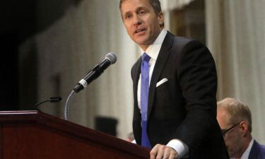 Former Gov. Eric Greitens delivers the keynote address at the St. Louis Area Police Chiefs Association 27th Annual Police Officer Memorial Prayer Breakfast in April 2018.