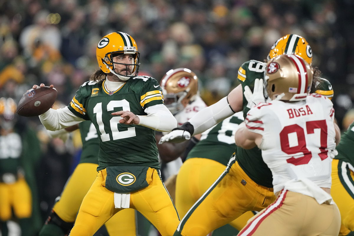 San Francisco 49ers defensive end Nick Bosa plays against Green Bay Packers  offensive tackle Br …