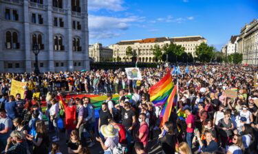 Protesters against the law gather near the parliament building in Budapest on June 14