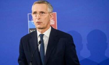 NATO Secretary General Jens Stoltenberg addresses a press conference during a meeting of NATO foreign ministers in Riga