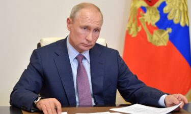 Russia President Vladimir Putin chairs a video meeting of the Pobeda organising committee at the Novo-Ogaryovo state residence outside Moscow on July 2