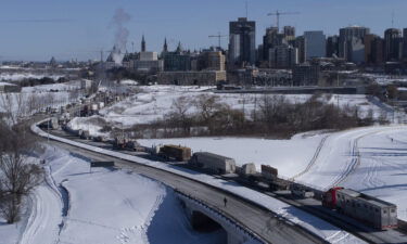 Vehicles in the protest convoy parked on a road leading into downtown Ottawa on Sunday.