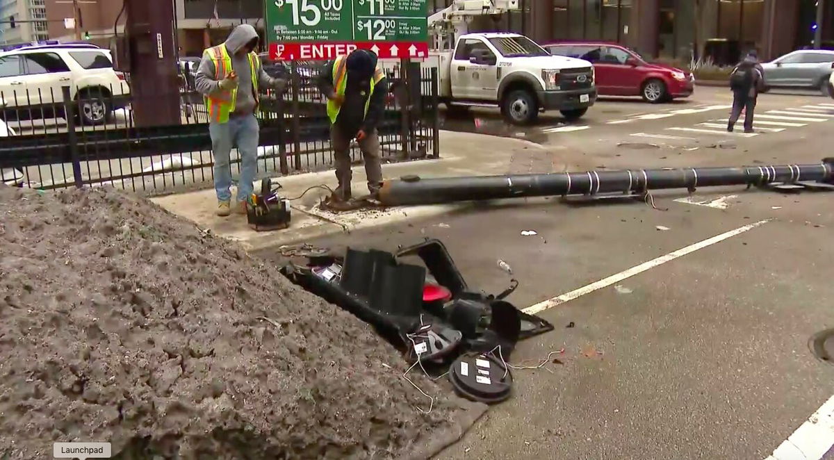 <i>WBBM</i><br/>Another rusted-out city pole fell into a busy Chicago intersection Thursday