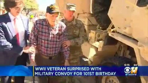 <i>KTVT</i><br/>James Neiderer walks to a military supply vehicle with friends and family celebrating his 101st birthday.