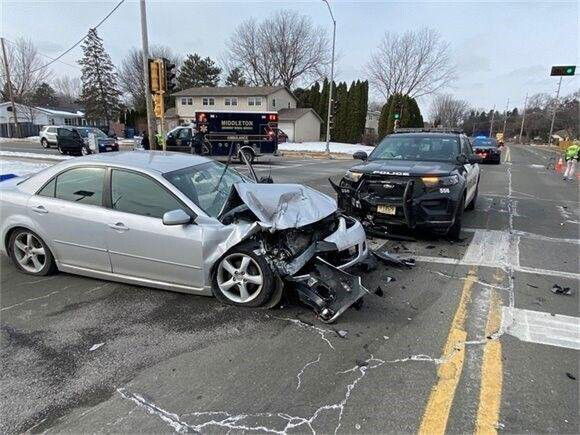 <i>MIDDLETON PD/KENOSHA NEWS</i><br/>A Middleton police squad car and a sedan collided last week