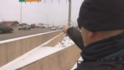 <i>KCNC</i><br/>Trooper Travis Hood points to the spot of a near-fatal accident on Feb. 17.