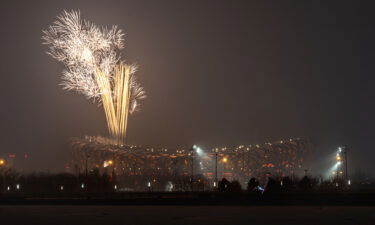 Fireworks are seen over the National Stadium during a rehearsal for the Opening Ceremony of the Beijing 2022 Winter Olympics on January 30