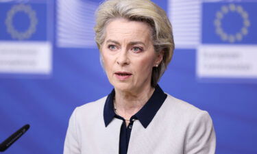 European Commission President Ursula von der Leyen speaks during a press statement on Russia's attack on Ukraine