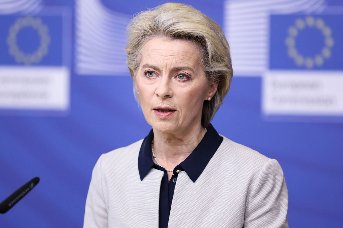 <i>KENZO TRIBOUILLARD/AFP/POOL/AFP/Getty Images</i><br/>European Commission President Ursula von der Leyen speaks during a press statement on Russia's attack on Ukraine