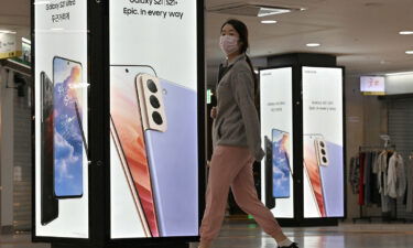 Advertisement for the Samsung Galaxy S21 smartphone at an underground shopping area in Seoul on April 28