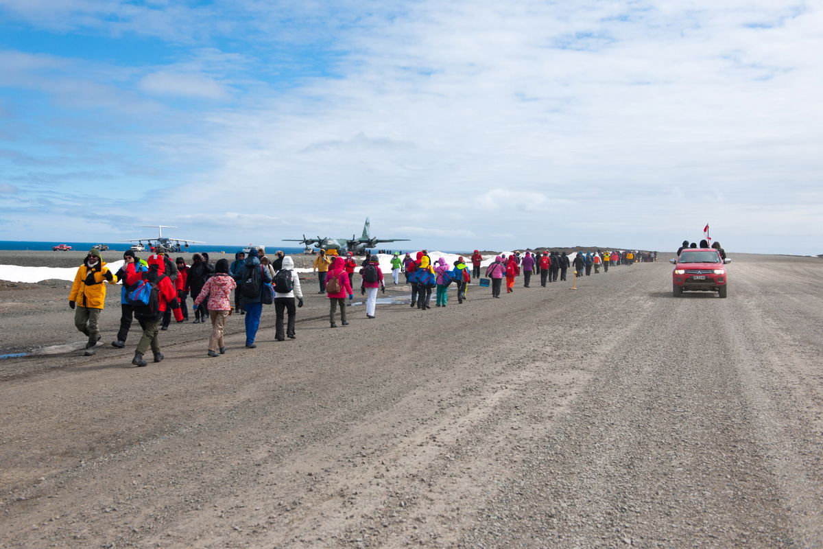 <i>Alessandro Dahan/Getty Images</i><br/>Tourists arrive for expeditions in Antarctica in December 2019 on King George Island. Scientists found the black carbon pollution from tourism and research activity has led to more melting on the frozen continent.