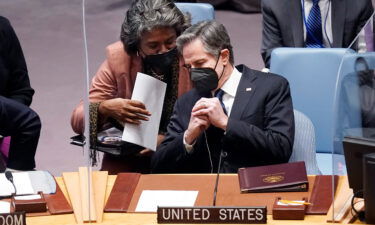 US Secretary of State Antony Blinken confers with US Ambassador Linda Thomas-Greenfield during a meeting of the United Nations Security Council on February 17.