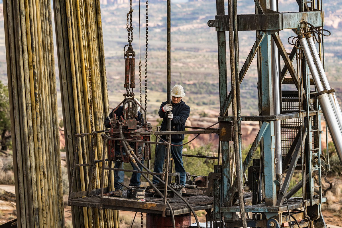 <i>Jon G. Fuller/VWPics/Universal Images Group/Getty Images</i><br/>The well service crew on a workover rig uses power tongs to reconnect the sections of tubing on an oil well. Russia's invasion of Ukraine has sent oil futures above $100 a barrel for the first time since 2014 and will probably bring $4-a-gallon gasoline to much of the United States.