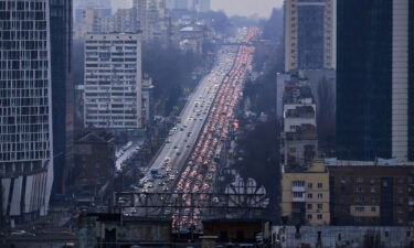 Traffic was jammed on the road leaving Kyiv.