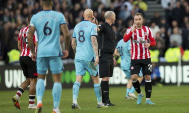 Eriksen gestures during the match against Newcastle United.