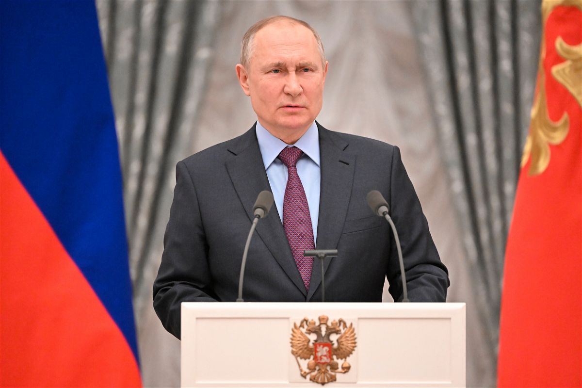 <i>Sergey Guneev/Sputnik/AP</i><br/>Russian President Vladimir Putin addresses media on February 22 at the Kremlin in Moscow