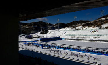 Athletes take the start of the Biathlon women's 12.5km Mass Start event