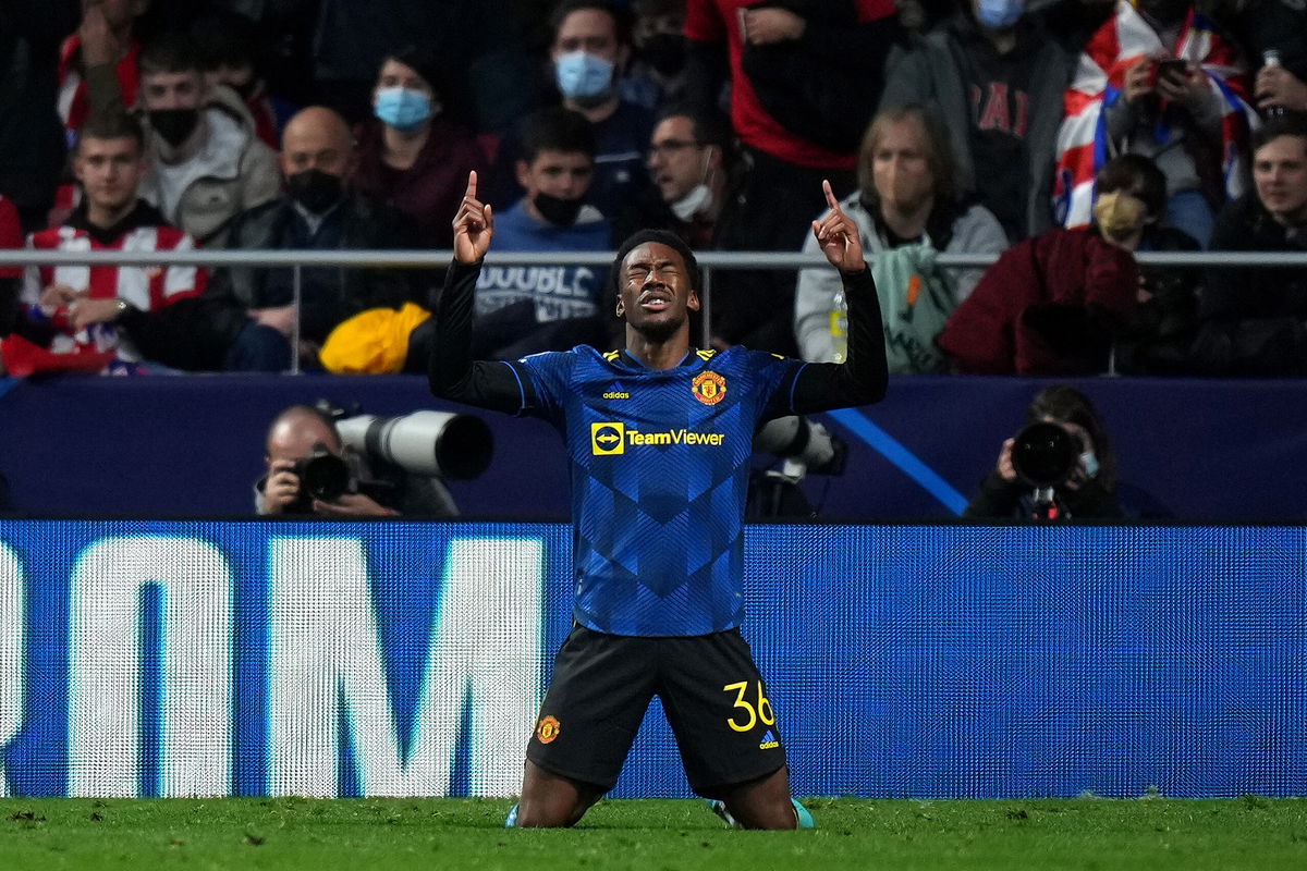 <i>Angel Martinez/Getty Images</i><br/>Elanga celebrates his first Champions League goal.