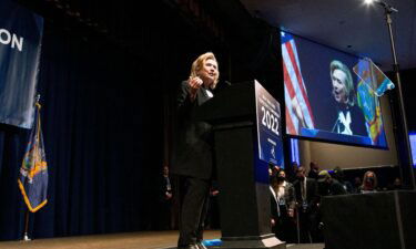 Former US Secretary of State Hillary Clinton speaks at the New York State Democratic Party convention in New York City on February 17.