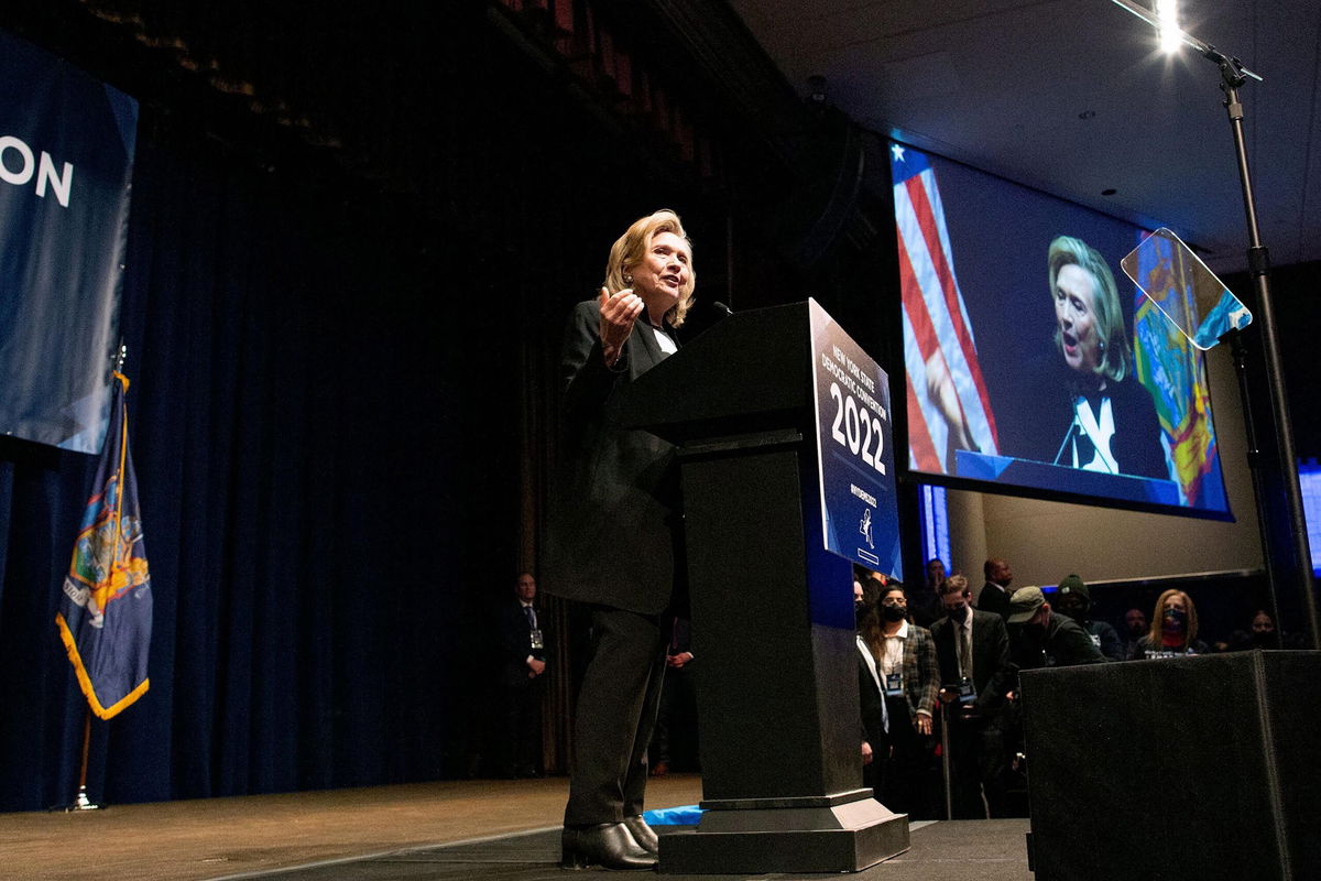 <i>KENA BETANCUR/AFP/Getty Images</i><br/>Former US Secretary of State Hillary Clinton speaks at the New York State Democratic Party convention in New York City on February 17.