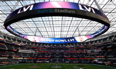 A view of SoFi Stadium as workers prepare for Super Bowl LVI on February 1 in Inglewood