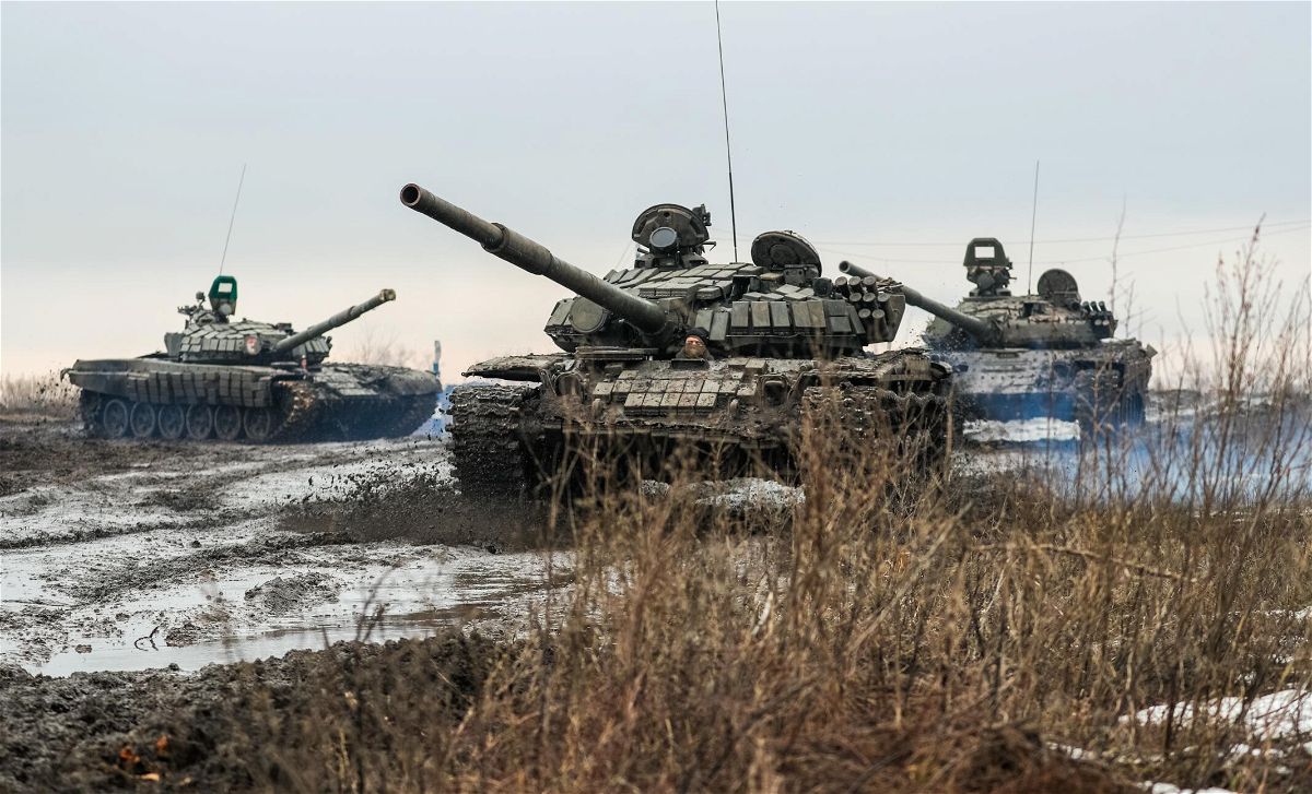 <i>Erik Romanenko/TASS/Getty Images</i><br/>T-72B3 tanks of the tank force of the Russian Western Military District conduct field firing at Kadamovsky Range.