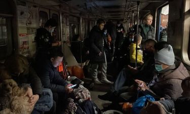 People shelter in a subway station in Kharkiv