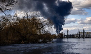 Smoke billows over the town of Vasylkiv just outside Kyiv on February 27