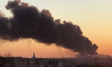 A cloud of smoke raises after an explosion in Lviv