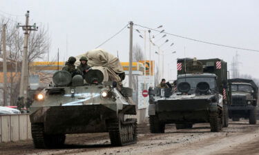 Russian army military vehicles are seen in Armyansk