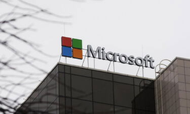 Microsoft Corporation logo is seen on a top of a building in Kyiv