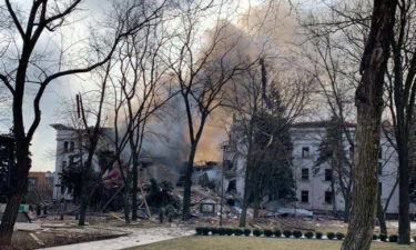 Aftermath image of a theatre in the encircled Ukrainian port city of Mariupol where hundreds of civilians were sheltering on March 16 after Russian forces dropped a powerful bomb on it