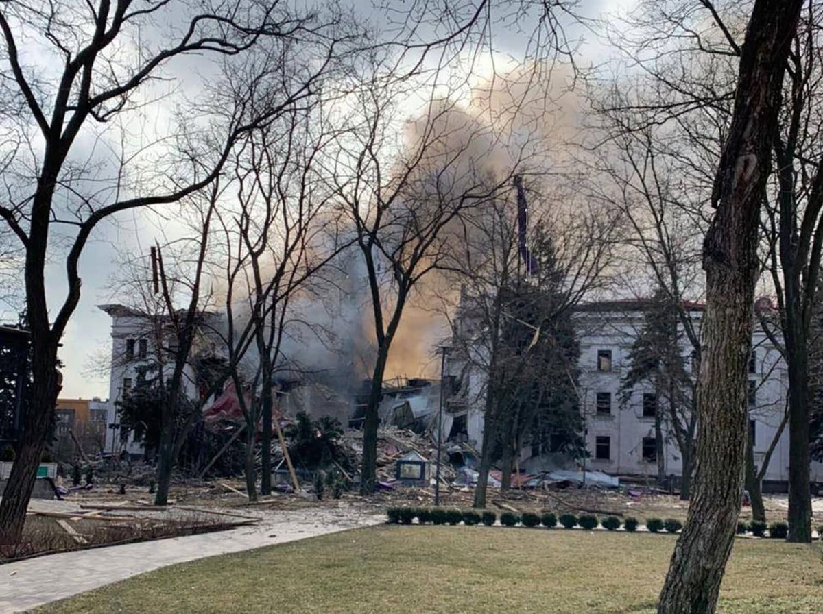 <i>EyePress News/Reuters</i><br/>Aftermath image of a theatre in the encircled Ukrainian port city of Mariupol where hundreds of civilians were sheltering on March 16 after Russian forces dropped a powerful bomb on it