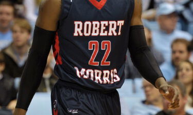 A 2014 photo shows Lucky Jones during a basketball game when he played for Robert Morris University.