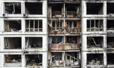 A destroyed building is seen after Russian shelling in Sviatoshinsky district of Kyiv on March 30.