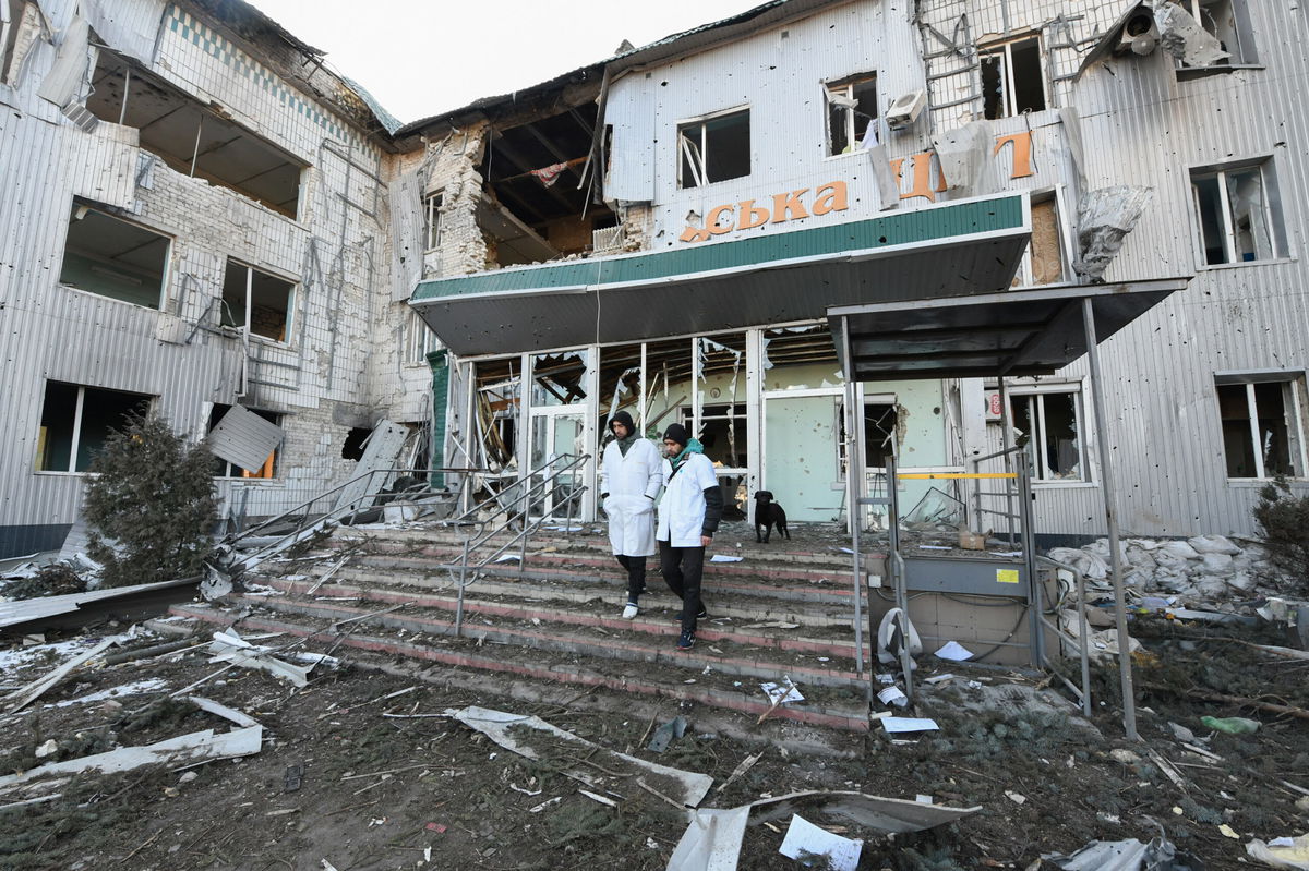 <i>Stringer/Anadolu Agency/Getty Images</i><br/>A view of a damaged hospital as civilians continue to hide in a bomb shelter under the hospital amid Russian-Ukrainian conflict in the city of Volnovakha