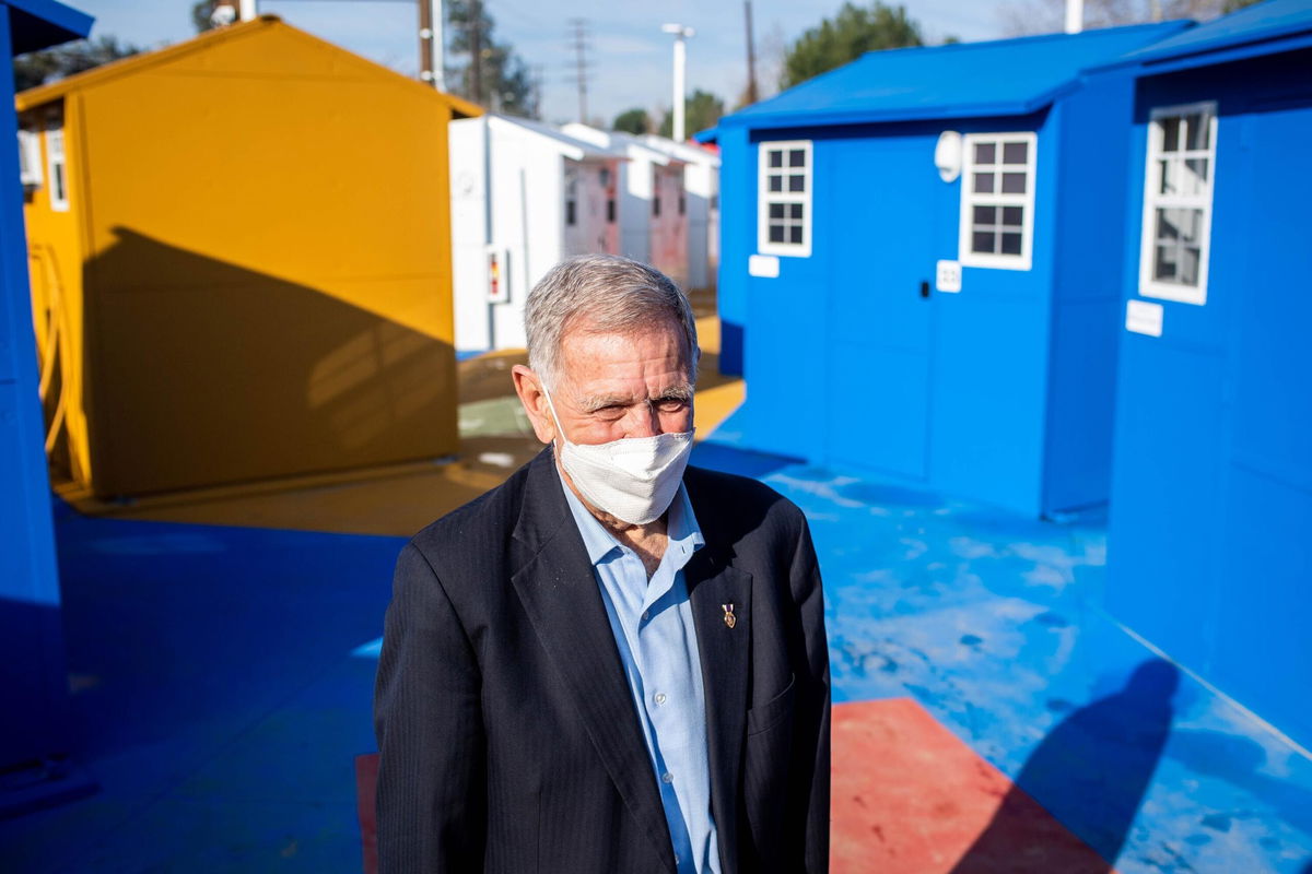 <i>Sarah Reingewirtz/Los Angeles Daily News/SCNG/Getty Images</i><br/>US District Judge David Carter tours the Chandler Tiny Home Village in North Hollywood on February 11